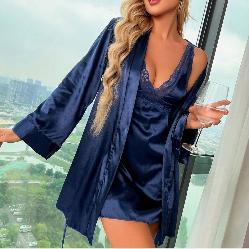 Babydoll Lingerie+Robe Set Women Satin Lace Bathrobe Long Sleeve Robe Nightgown
